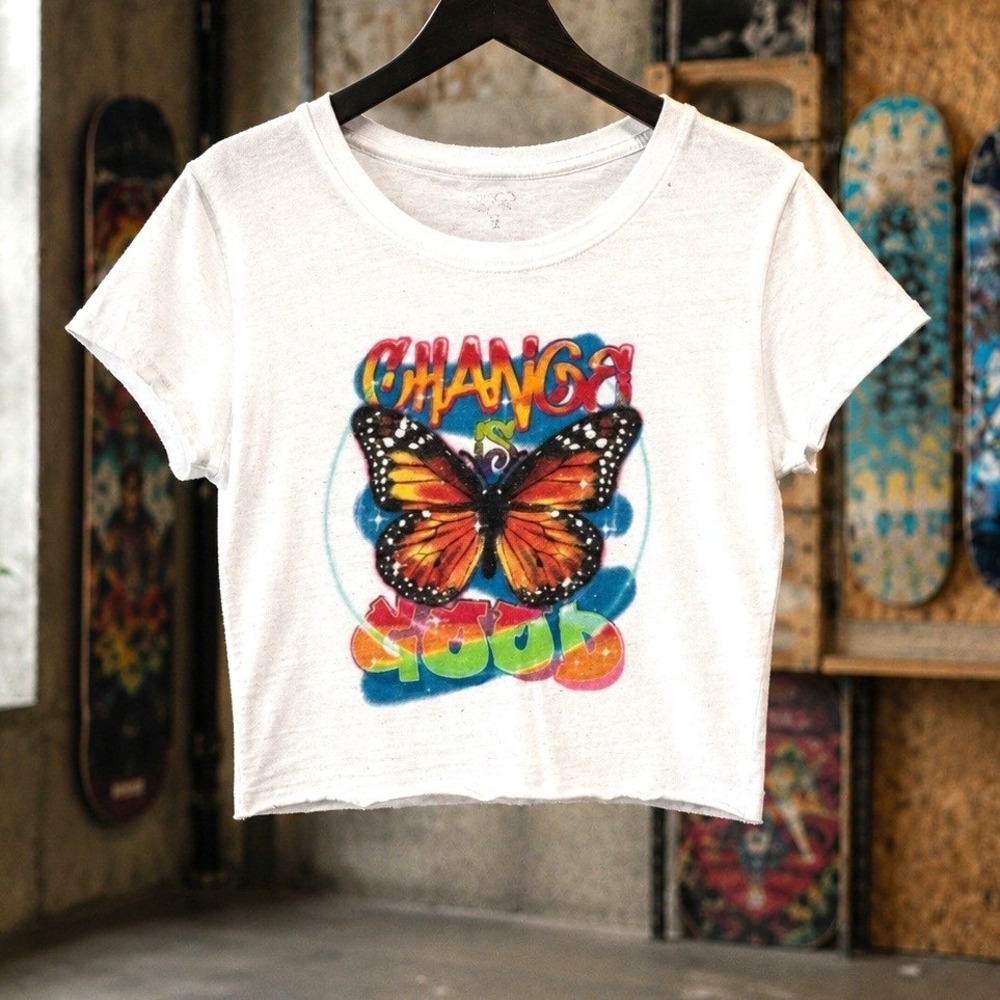 Prince & Fox White Butterfly Graphic Crop Top Baby Tee XS Change Is Good